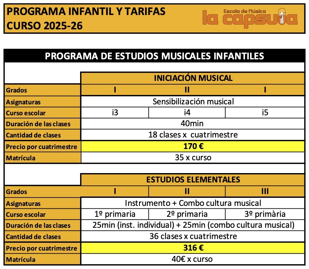 Tarifas Programa Infantil curso 2025-2026